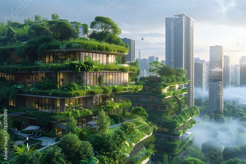 Eco-futuristic cityscape full with greenery, parks and green spaces in urban area