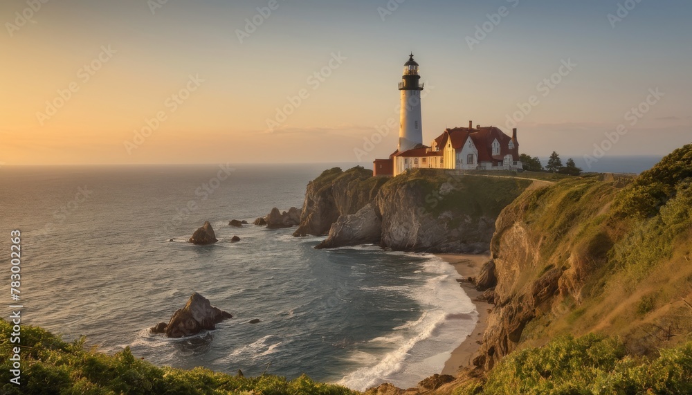 A picturesque lighthouse stands atop a rugged cliff, its light beaming over the undulating waves at dusk.