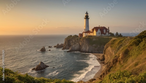 A picturesque lighthouse stands atop a rugged cliff, its light beaming over the undulating waves at dusk.