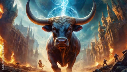 A powerful bull with glowing eyes stands at the forefront of an apocalyptic scene, with human figures battling amidst flames and lightning striking a gothic castle in the background. photo
