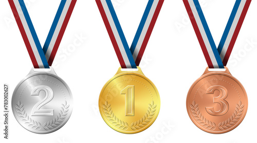 Golden, silver, bronze sports medal on ribbon realistic vector illustration. Set of medals for awarding champions and winners with laurel wreath and colored ribbons isolated on a white background.