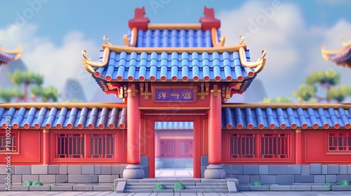 The classic Chinese design structure is illustrated in 3D with a red wall  grey tiles  and a blue roof.