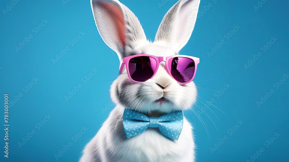 Rabbit Wearing Spectacles and Bowtie on Blue Backdrop: Trendy Bunny Photo