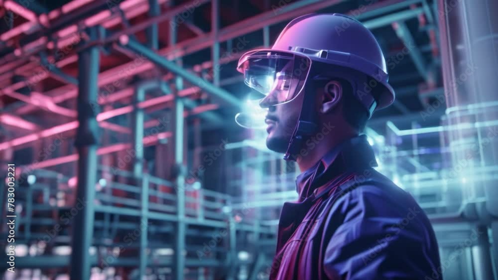 Factory Digitalization: Industrial Engineer Use VR headset, Visualize the Locations of Power Supply Circuit Faults, Optimization of High-Tech Electronics Facility. Industry 4.0 Machinery Production Factory Digitalization: Industrial Engineer Use VR headset, Visualize the Locations of Power Supply Circuit Faults, Optimization of High-Tech Electronics Facility. Industry 4.0 Machinery Production