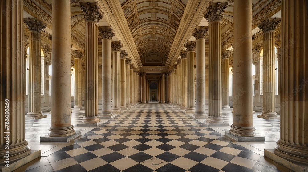 Columns architectual hall of palace, arcade diminishing perspective vanishing point no people monument