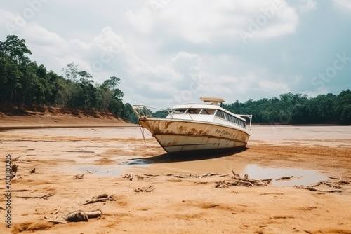 An old  neglected boat sits stranded on a sandy shore  with a backdrop of tropical forest under a cloudy sky. Stranded Boat on Sandy River Shore