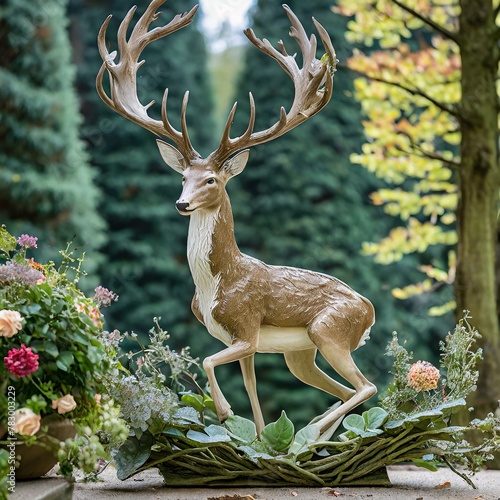deer in the forest.a deer sitting decorative sculpture, capturing the grace and elegance of this woodland creature in a whimsical pose. The intricate details and lifelike expression imbue the sculptur photo