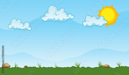 Summer landscape with green grassy field under a clear blue sky with white clouds and shining sun -  illustration