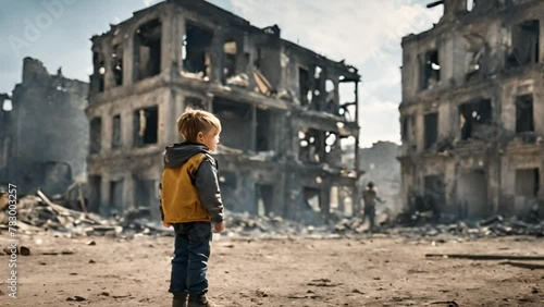 A kid surrounded with destroyed buildings in war zone. Hoping for freedom photo