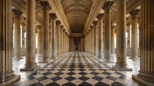 Columns architectual hall of palace, arcade diminishing perspective vanishing point no people monument