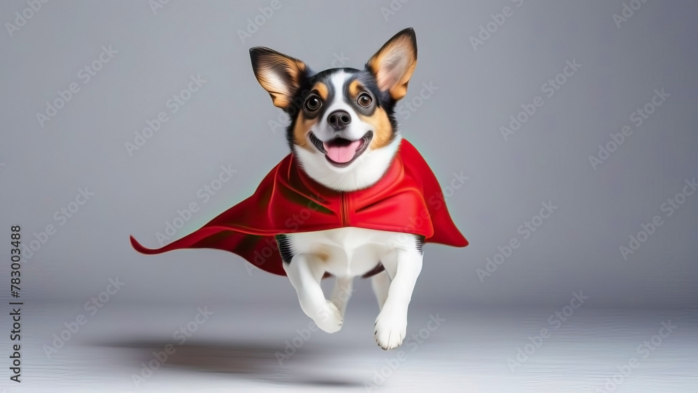 Canine Superhero in Red Cape on Gray Background: Heroic Dog Image