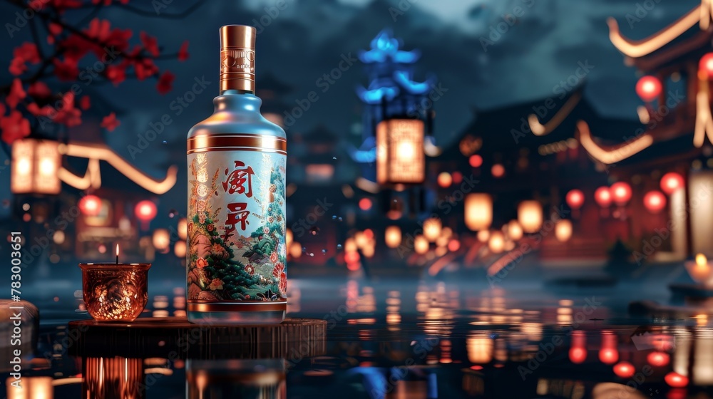 The background is a traditional chinese structure. The bottle has Chinese writing on it, and the cup floats on the water, creating the illusion of being on water. The text reads: Centuries of - obrazy, fototapety, plakaty 