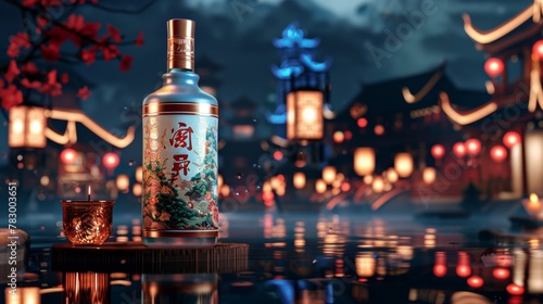 The background is a traditional chinese structure. The bottle has Chinese writing on it  and the cup floats on the water  creating the illusion of being on water. The text reads  Centuries of
