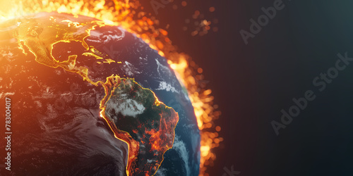 Earth globe burning into flames, America destroyed by fire, conceptual illustration of global warming, temperature increase, extreme heat and climate change disaster