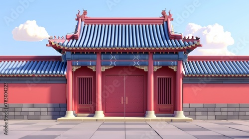 In this 3D illustration, a classic Chinese design structure is seen with a red wall, grey blue tiles and a roof.