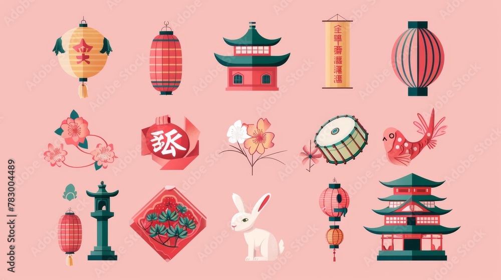 Set of cutest CNY elements isolated on pink background. Includes temple, doufang, red envelope, camellia, japanese pine, rabbits, carp fish, lanterns, flowers, drums, paper fans, gourds, and