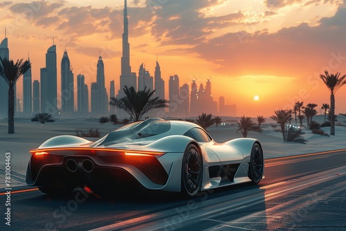Dreams of the future materialize on a deserted desert road as a sleek, futuristic supercar basks in the warm glow of the Dubai sunset photo