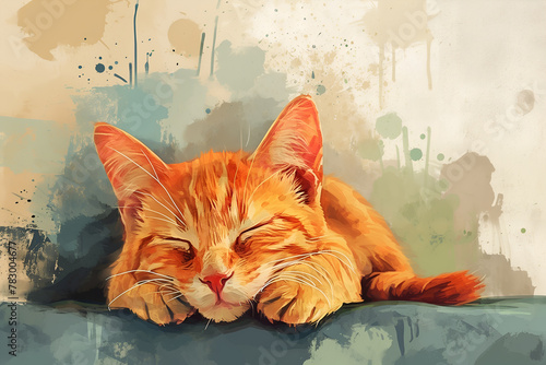 Cute watercolor illustration of a ginger sleep cat