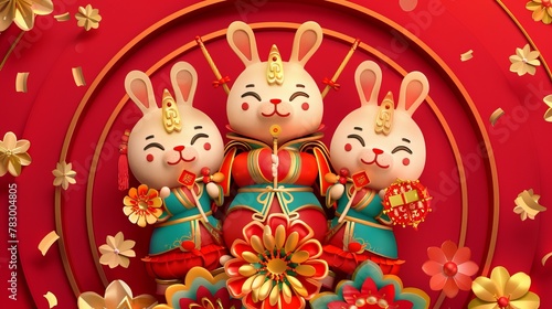 An illustration of Chinese new year featuring bunnies dressed in traditional costumes on a radial background with Chinese characters. photo