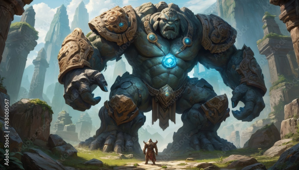 Fototapeta premium A colossal stone guardian looms over a lone adventurer in a vast landscape, evoking a story of ancient civilizations and epic quests in this captivating fantasy artwork. AI Generation