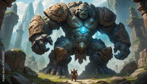 A colossal stone guardian looms over a lone adventurer in a vast landscape, evoking a story of ancient civilizations and epic quests in this captivating fantasy artwork. AI Generation