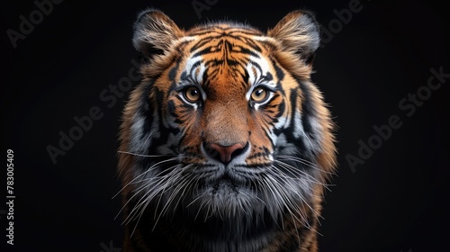 Sumatran Tiger in Natural Habitat. Tiger's Gaze. Frontal Portrait of Panthera tigris sumatrae, Piercing Eyes Reflecting Its Enigmatic Nature. © pengedarseni