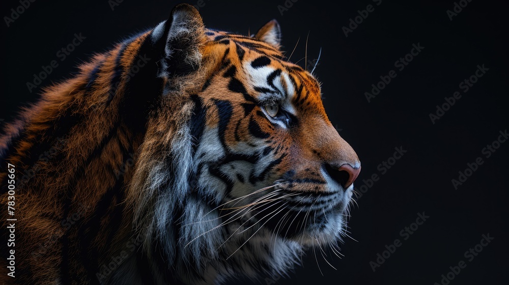Naklejka premium Sumatran Tiger in Natural Habitat. Side Profile of Panthera tigris sumatrae, Embodying Quiet Majesty Amidst the Wild.