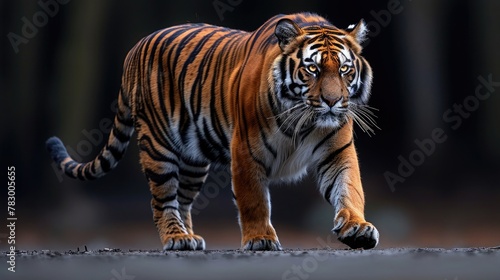 Sumatran Tiger in Natural Habitat. Panthera tigris sumatrae Majestic Form Captured in Graceful Side and Frontal Perspectives. photo