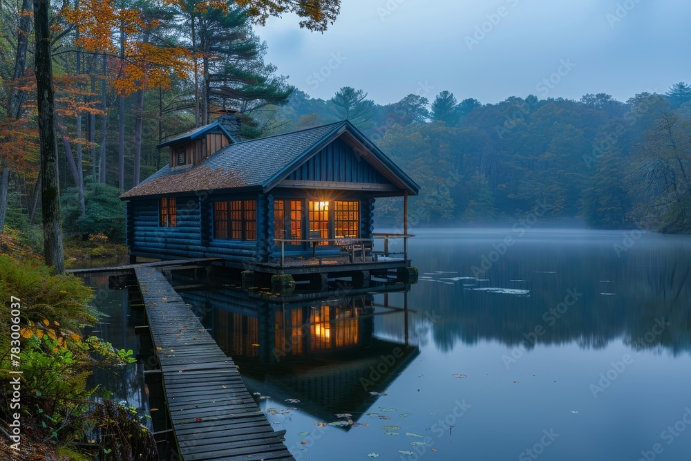 Fototapeta premium A tranquil, atmospheric image of a cozy lakehouse with lights on amidst the fall foliage, re