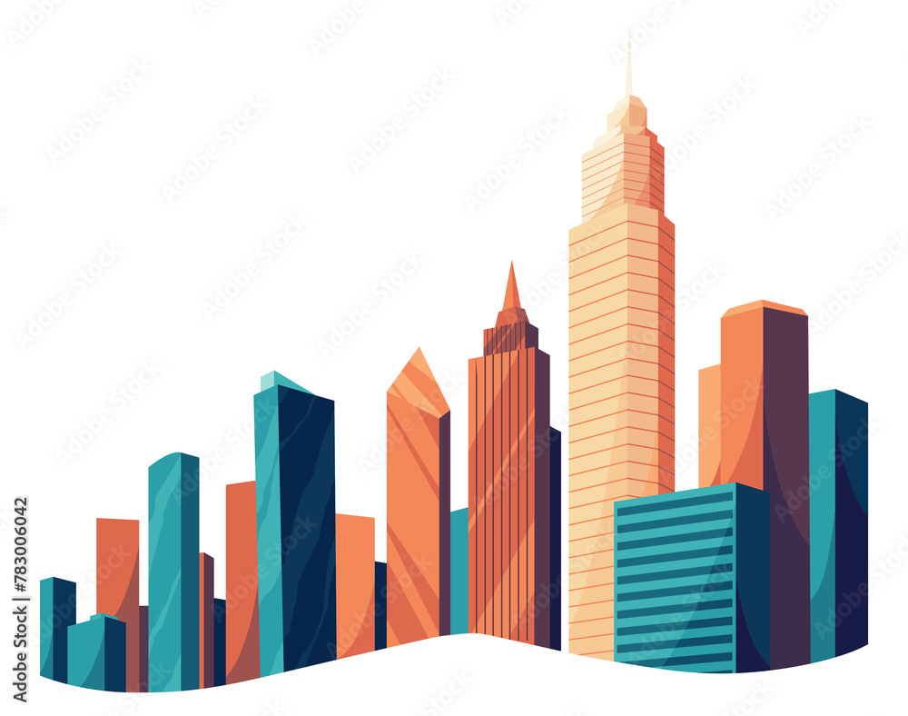 City downtown with skyscrapers, business buildings, clouds, blue sky. City center downtown cityscape view. Big city buildings. Town real estate clipart. Flat  illustration isolated on background