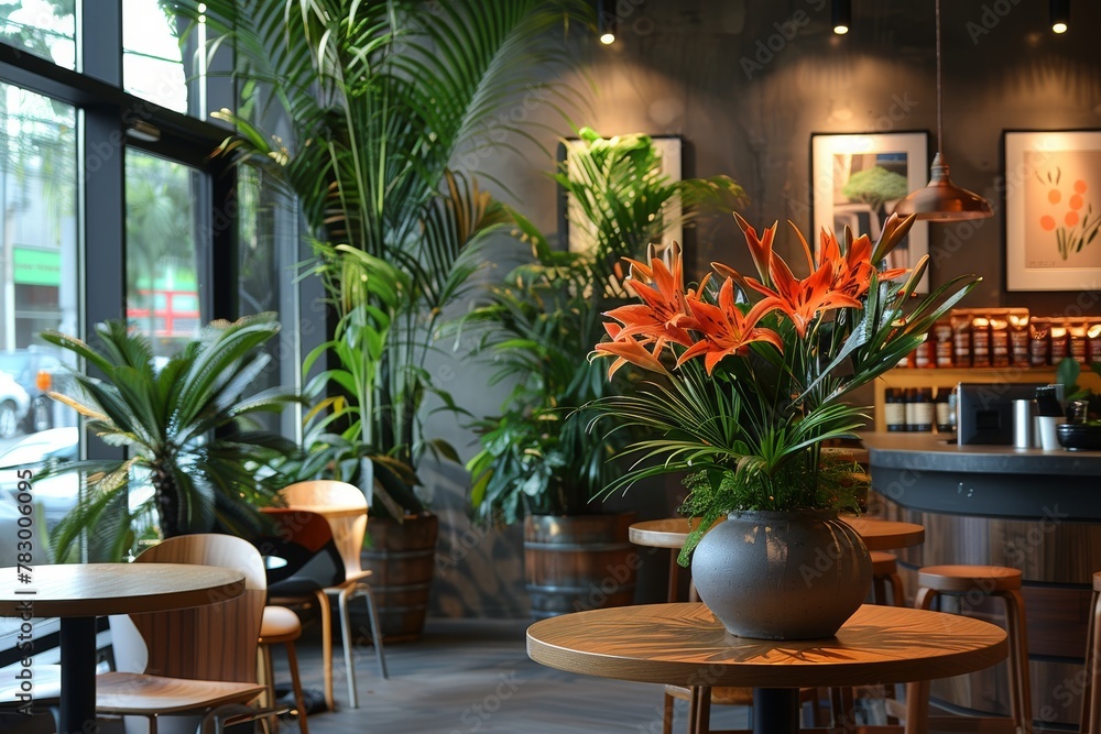 Fototapeta premium A striking orange flower arrangement catches the eye in a tastefully designed urban cafe setting