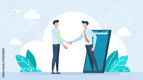 Online communication and business meeting, video communication technology concept. Online agreement, conclusion of the transaction. Businessman handshaking. Business partnership. Vector illustration