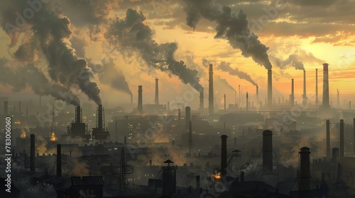 An industrial town at dusk, chimneys puffing out thick smog, casting shadows and pollution © pornchan