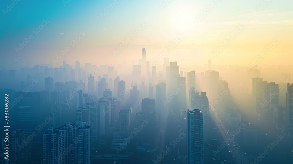 Fototapeta premium Smog fills a vast city's skyline, obscuring tall buildings from sight, a symbol of air contamination