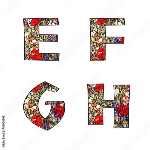 Stained glass floral ornamental alphabet - letters E-H