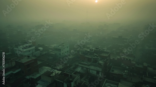 Rooftops barely visible under a blanket of thick air pollution, a grim urban morning photo