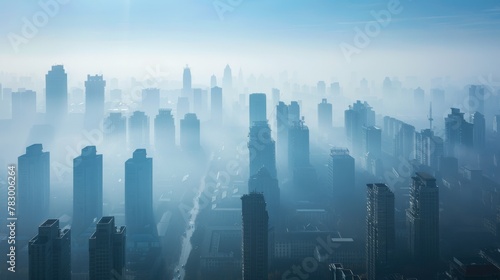 Smog fills a vast city s skyline  obscuring tall buildings from sight  a symbol of air contamination