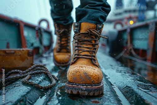 Moody image of a person's feet in rugged boots on a glossy wet surface, with a ship rope element visible photo