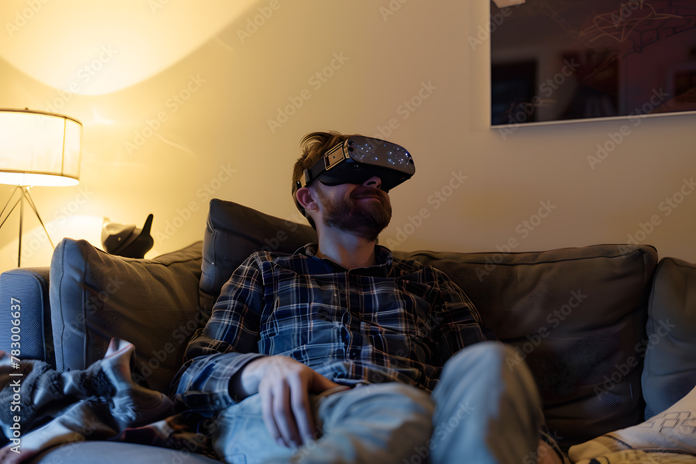 resting on the comfortable sofa wearing VR headset glasses resting on the comfortable sofa wearing VR headset glasses