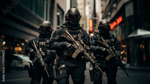 Special forces squad with tactical gear in city photo