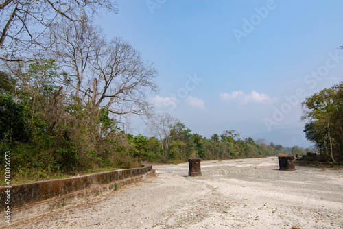 Completely destrpoyed rail bridge at Bala river at Buxa tiger reserve, Alipur Duar, West Bengal, India.