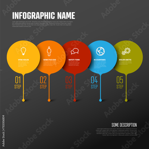 Dark infographic template with big bubble pointers on the horizontal line