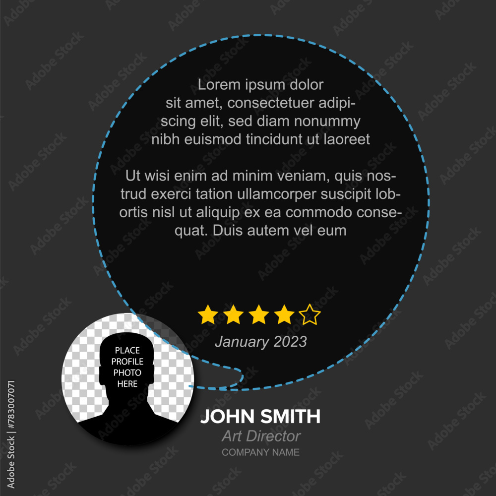Obraz premium Client dark user testimonial review layout template with profile photo placeholder