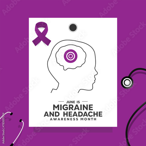 June is Migraine And Headache Awareness Month. Human, brain, ribbon and stethoscope. Great for cards, banners, posters, social media and more. Purple background.