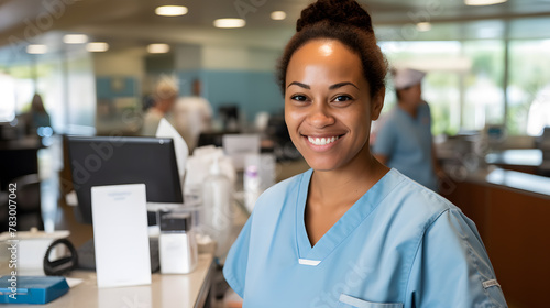 The attractive, happy nursing student stands in the hospital corridor
