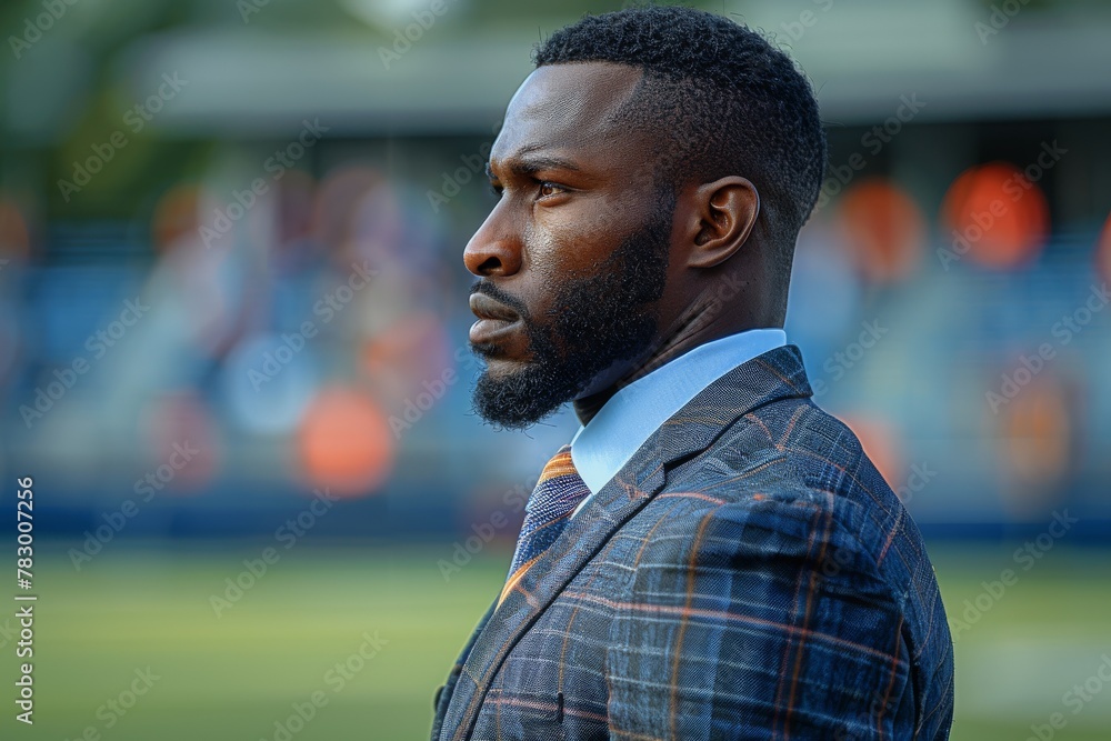 Well-dressed man with a confident stance in a sports field, portraying leadership and determination - obrazy, fototapety, plakaty 