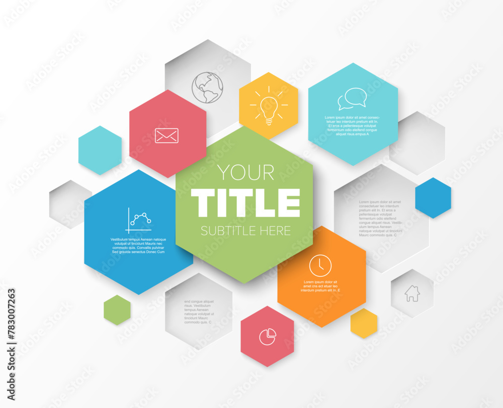 Simple infographic template with various information in hexagon boxes Simple infographic template with various information in hexagon boxes