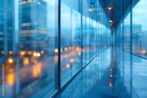 The futuristic design of a glass corridor illuminated by the city lights in the evening