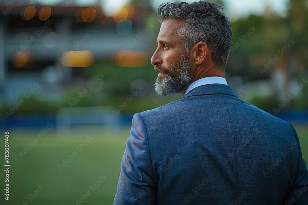 A view from behind of a man in a suit deep in thought at an outdoor event with blurred background A view from behind of a man in a suit deep in thought at an outdoor event with blurred background