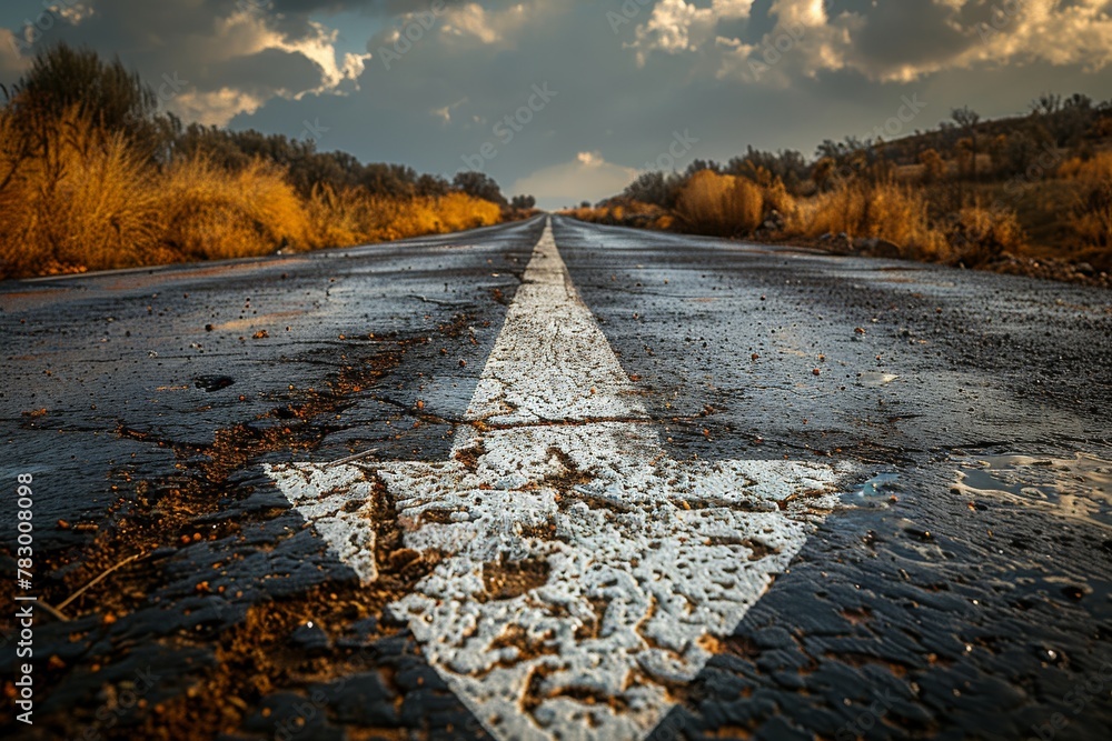 Vivid close-up of cracked and faded road paint against the backdrop of an overcast, storm-threatening sky - obrazy, fototapety, plakaty 